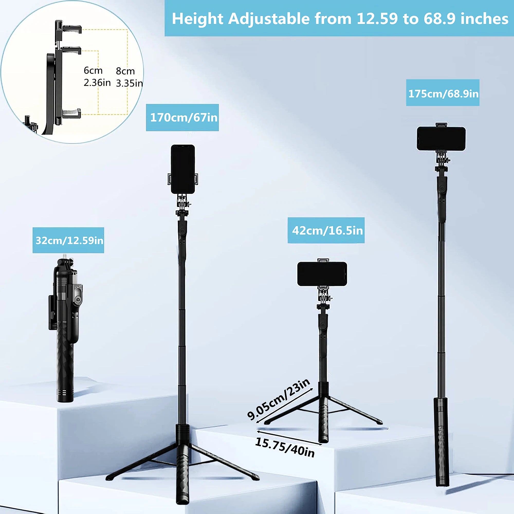 1.7m Selfie Stick Tripod Extendable Wireless Bluetooth-Compatible Remote Portable Smartphone Stand Mount for IOS Android Phone