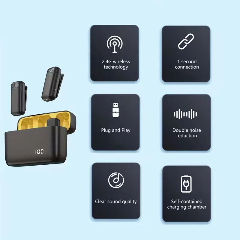 2-Pack Wireless Lav Mic with Auto Pairing Technology Dual Noise Reduction Plug-Play Ideal for  YouTube Vlogs Live Streaming