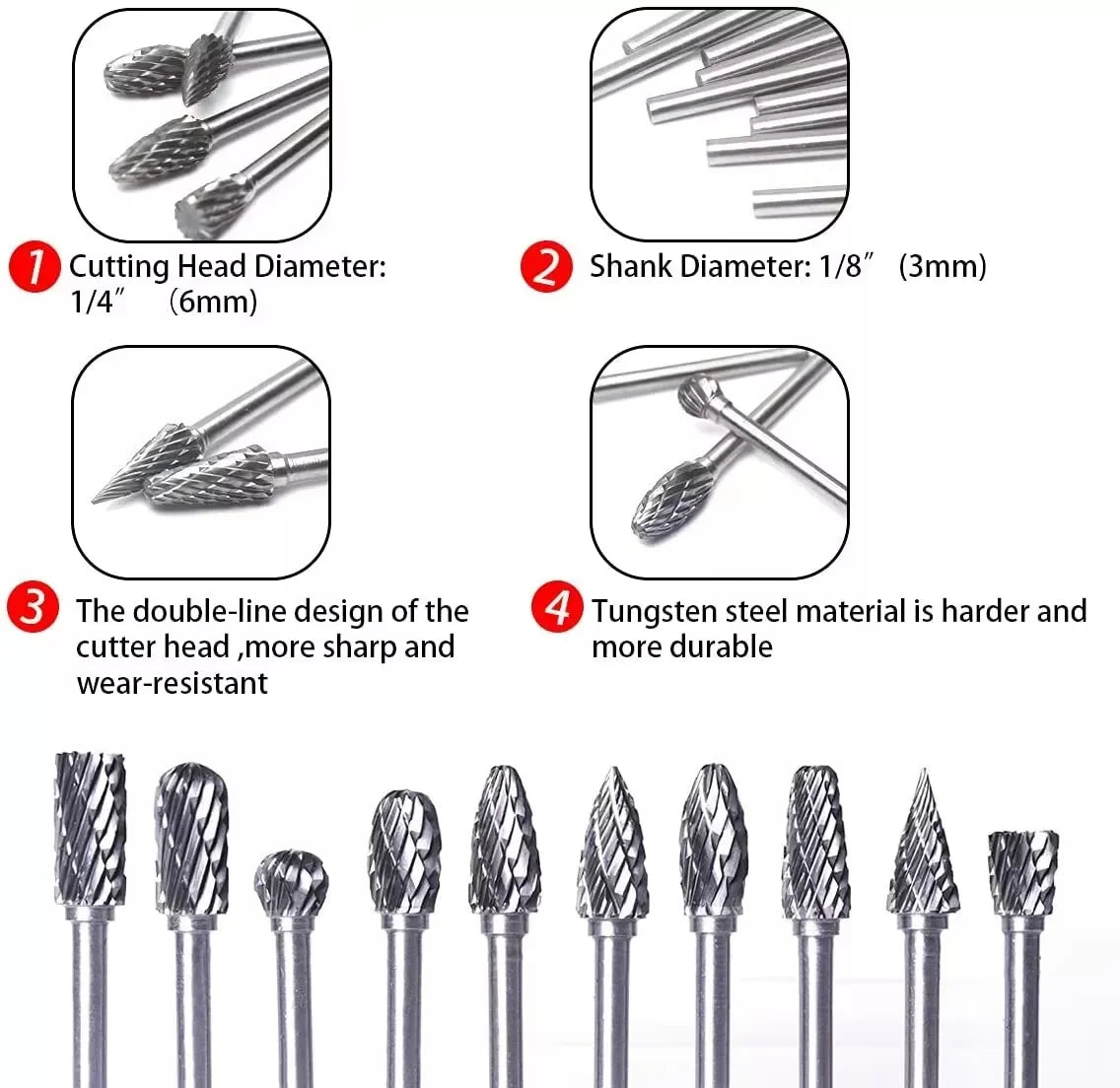 24h-USA Warehouse Shipping Tungsten Carbide Rotary Burr Bit Set 1/8" Cutting Carving Burrs for Dremel Tool