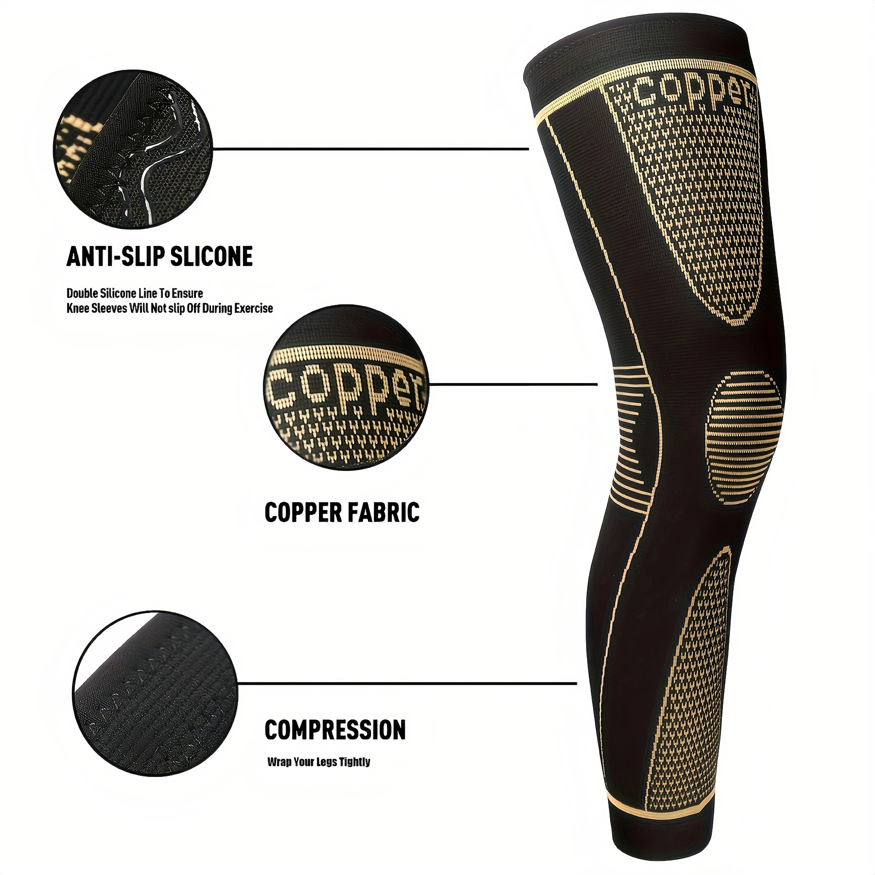 1 Pair Full Leg Sleeves Long Copper Knee Brace Compression Leg Sleeve Knee Protection for Man Women Basketball Tennis Running