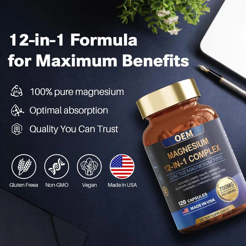 12-in-1 Complex Vitamins Minerals 700mg Magnesium Capsules Enhanced Synergistic Absorption Muscle Relaxation Magnesium Capsules